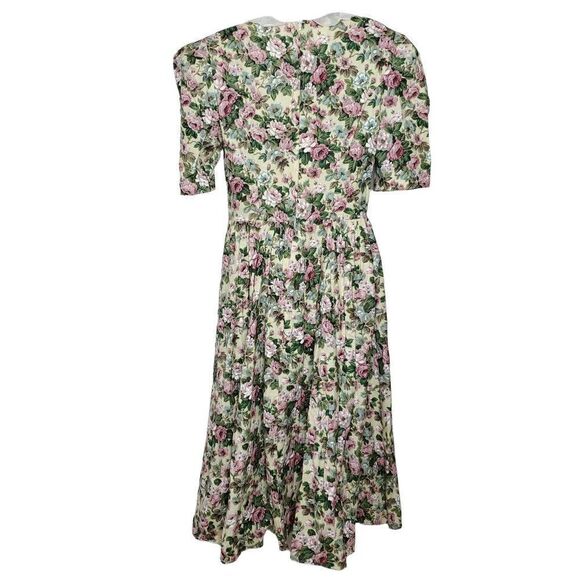 Vintage Floral Cottage Core Prairie Dress 11 12 Yellow Puff Sleeve Pink Blue - Picture 5 of 7